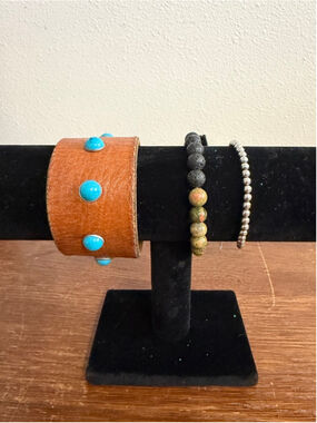 Leather Turquoise Bracelet Set Boho Southwestern Cuff Beaded Stack Lot 3pc